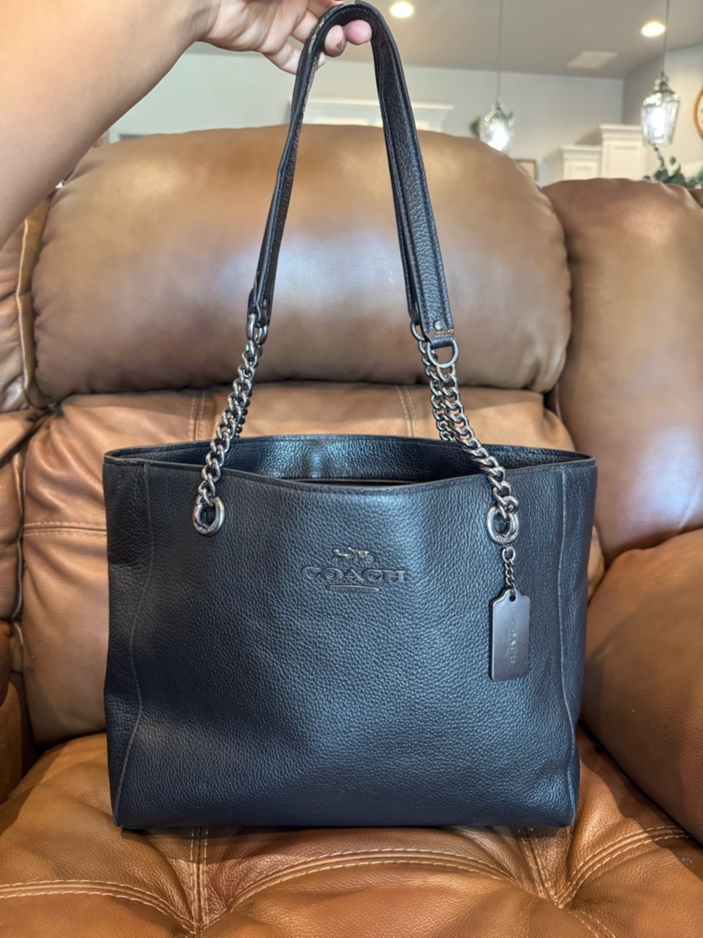 Coach Black Leather Chain-Handle Tote